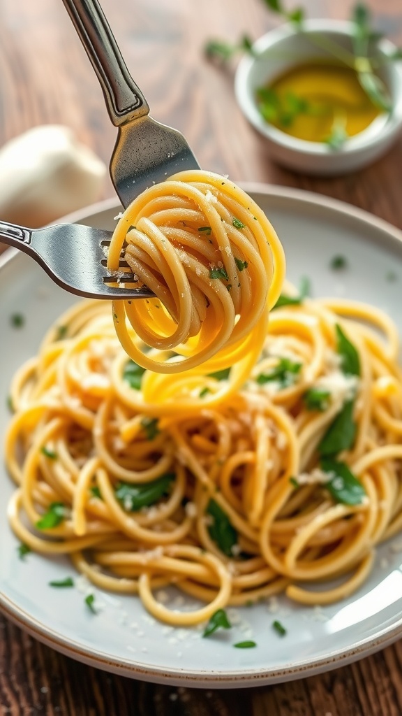 A plate of garlic and herb pasta with golden garlic slices and green herbs, garnished with Parmesan cheese.